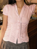 KYLETHOMASW  -  Fashion Sweet Ruched Slim Fit Women Shirts Chic Solid Summer Cute All-Match Causal Blouses Simple