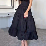 Kylethomasw Dresses Women's Summer Fashion Casual Square Neck Bow Strap Sleeveless Solid Black Pleated Party Long Dress Streetwear