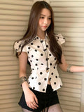 KYLETHOMASW  -  Polka dot short sleeved breasted shirt design with a cinched waist and tie, light and mature satin short commuter top