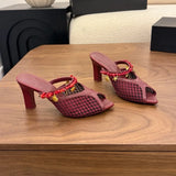 KYLETHOMASW  -  Women Mesh Mule Heels Red Coral Beads Seashell Decor High Heel Summer Beach Vacation Fashion Sandals Open Back Slip On Party