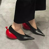 KYLETHOMASW  -  Women's Black Leather Pointed Toe Pumps with Red Apple-Shaped Sculptural Heel Novelty Chunky Block Heel Slip-On Shoes Artistic