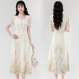 KYLETHOMASW  -  French Elegant Vintage High End Evening Dress Women Lace Print Square Collar Long Dress Summer Casual Chic Design Clothing