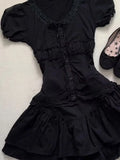 KYLETHOMASW  -  Gothic Vintage Black Lace 2-piece Set Women Lolita Lace Puff Sleeve Y2K Tops Female + High-waist Ruffle Short Kawaii Mini Skirt