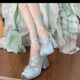 KYLETHOMASW  -  Pink Purple Blue White Black Cross-strap High Heels Thick Heel Girl Ballet Shoes Outside Y2K Elegant Satin Lolita Single Shoes