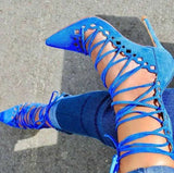 KYLETHOMASW  -  Pink Suede Lace Up Gladiator Women's Sandals Pointed Toe Stiletto Heel Cutout Ankle Boots for Women Fashion Party Strappy Pumps