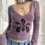 KYLETHOMASW  -  Cropped Sweater Pullover Women Embroidery Flowers V Neck Slim Stretch Long Sleeve Basic Vintage Y2k Harajuku Jumper