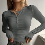 Kylethomasw -  Spring Crew Neck Button Rib Knit T-shirt Women Elegant Solid Slim Bodycon Top Pullover Autumn Long Sleeve Simple Bottoming Shirt