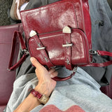 KYLETHOMASW  -  Retro Red Backpack Women Studded Leather Textured Square Backpack Ladies Academy Style Lightweight Mochilas Mujer