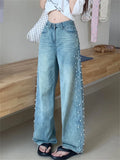 KYLETHOMASW  -  Summer Straight Jeans Women Pearls Wide Leg Mopping Light Washed High Waist Streetwear New Denim Casual Pants