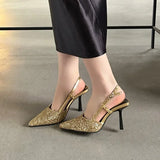 KYLETHOMASW  -  Luxury Bling Design Mules Sandals Women Sexy Pointed Toe Thin High Heels Summer Back Strap Banquet Dress Shoes Women Pums