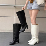 KYLETHOMASW  -  Women's Long Boots Knee High Round Toe Low Block Heel Leather Look Slip on Western Style Casual Footwear Boots Women Detail 123