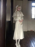 KYLETHOMASW  -  Japanese Gothic Sweet Elegant White Cape Fish Tail Dress Women Slim Design Long Dress Harajuku Vintage Long Sleeve Punk Outfits
