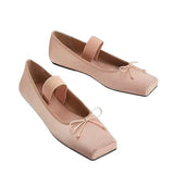 KYLETHOMASW  -  sweet pink silk flat shoes woman square toe bowtie ballet flats silver leather mary janes shoes elastic band moccasions women