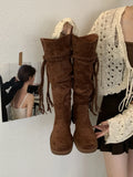 KYLETHOMASW  -  Brown Suede Boots Woman Round Toe Fall Winter Gothic Shoes Fashion Chunky Heels Knee High Boots Western Style Ladies Shoes