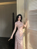 KYLETHOMASW  -  Miniature Stand Collar Short Sleeve Embroidered Qipao Cheongsam Vintage Party Dress New Chinese Style Revamped Cheongsam Dress