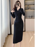 KIylethomasw Elegant Black Purple Pencil Blazer Dress France Notched Collar Long Sleeve Ruffles Slim Waist Office Formal Split Midi Vestidos