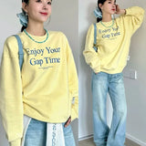 KYLETHOMASW  -  Women Yellow O Neck Long Sleeve Sweatshirt Loose Lazy Casual Classic Simple Top Vintage American Streetwear Harajuku Y2K Hoodie
