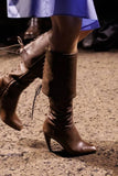 KYLETHOMASW  -  Women White Fold‑Over Knee High Boots Pointed Toe Curved Heel Back Lace‑Up Tie Design Western Style Elegant Fashion Boots