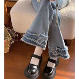 Kylethomasw Y2K 2000S Flare Jeans Women Japanese Vintage Bow Patchwork Denim Pants Summer Korean High Waist Slim Chic Straight Trousers New