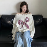 Kylethomasw Slash Neck Sweater Women Harajuku Oversized Bow Knitted Pullovers Korean Off Shoulder Knitwear Aesthetic Long Sleeve Jumpers New