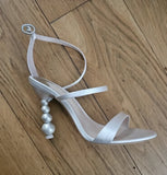 KYLETHOMASW  -  White Satin Open-Toe Sandals Pearl Stacked Heel Thin Strappy Design Adjustable Ankle Buckle Elegant Style Perfect for Lady
