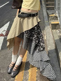KYLETHOMASW  -  Y2k Low Waist Patchwork Flower Print Irregular Fashion Slight Strech Mid-length Skirts