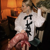 KYLETHOMASW  -  Niche Design Lace-up Printed Striped Shirt for Women Autumn New Lapel Long-sleeved Cardigan Versatile Top