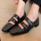 Kylethomasw  -  Women's genuine leather double metal buckle slip-on mary jane flats sqaure toe casual female soft comfortable ballerinas shoes