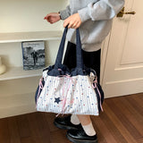 KYLETHOMASW  -  Women Denim Splicing Tote Bag Star Stripe Print Large Capacity Drawstring Shoulder Bag Casual Sweet Daily Shopping Handbag Purse