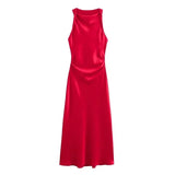 KYLETHOMASW  -  Summer New Women Sleeveless Dress Fashion Temperament Sexy Silk Satin Texture Solid Color Midi Long Dress Women Elegant