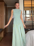 KYLETHOMASW  -  Elegance Sleeveless Striped Pleated Women Dress Slim A-line Flared Chic Robes 2025 Summer Party Vacation Female Maxi Dresses