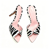 KYLETHOMASW  -  Ladies  Zebra Stripes V Cut Point Toe Backless Mules Thin Stiletto Slides Women Slip On Animal Print Sandals Designer Heels