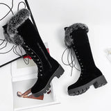 KYLETHOMASW  -  Lace-up Winter Shoes Women Snow Boots Real Fur Boots Women Knee High Suede Thick Heel Warm Outdoor with Zip Big Size 43