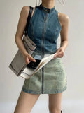 Kylethomasw Vintage Blue Gradient Denim Dress Sleeveless Zipper Streetwear Bodycon Dress for Women American Retro Girls Summer Dress