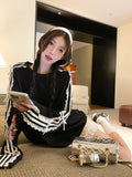 KYLTHOMASW  -  Sporty Chic Striped Oversized T-shirt with Bow Black Long Sleeve Tee Shirt Women Korean Fashion Kpop Lace Patchwork Tops