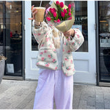 KYLETHOMASW  -  Casual Lamb's Wool Patchwork Women Coat Print 3d Flower Pocket Long Sleeve Zippers Female Jacket 2025 Autumn Winter Lady Outwear