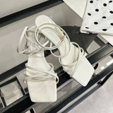 KYLETHOMASW  -  Fashion Cross-tied Women Low Heel Sandals Shoes Shallow Female Square Toe Footwear Sexy Ladies Heeled Shoes Sandals Pumps