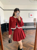 KYLETHOMASW  -  Sweet Hot Girl Christmas Suit Women's Autumn O-neck Long-sleeved Coat High Waisted A-line Skirt Two-piece Set Female Clothes