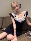 KYLETHOMASW  -  Lace Patchwork Mini Dresses for Women Flying Sleeve A-line Summer Dresswith Bow Korean Fashion Sexy Slim Uniform Clothes