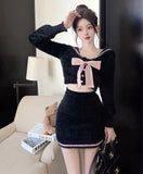 KYLETHOMASW  -  Sweet Hot Girl College Style Suit Women's Autumn and Winter Bow Sweater Wrap Hip Mini Skirt Two-piece Set Fashion Female Clothes