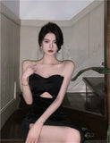 KYLETHOMASW  -  Sexy Backless Black Diamond Straps Dress Women French Hepburn High Split Velvet Dress Sleeveless Hollow Out Evening Party Dress