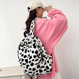 KYLETHOMASW  -  Cow Print Plush Backpack Women Fluffy Furry School Bag Milk Cow Pattern Large Capacity Casual Travel Student Rucksack Daypack
