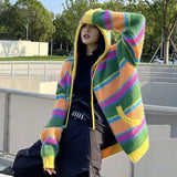 KYLETHOMASW  -  Women Retro Rainbow Striped Knitted Sweater Cardigan 2024 Color Blocked Casual Versatile Autumn Winter Hooded Jacket