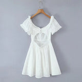 KYLETHOMASW  -  Pretty Girl Holiday Summer Dresses Women O Neck Short Sleeve A-line Mini Hollow Out Embroidery White  Dress Backless Robe