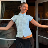 KYLETHOMASW  -  Solid Color Professional Women's Shirt Spring 2025 New V-Neck Pleated Girlish Age-Reducing Base Shirt Short Sleeve T-Shirt