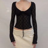 KYLETHOMASW  -  French Lace Patchwork V Neck Long Sleeve Slim Solid Y2k Streetwear Knitted T-Shirts