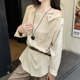Kylethomasw Off-shoulder Buttons Sexy Long Sleeve Shirt Women Autumn New Korean Contrast Color Striped Casual Tops with Belt