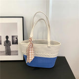 Kylethomasw Cross-border Large-capacity Cotton Knitted New Color-blocked Shoulder Bag Vacation Beach Bag Vacation Straw Shoulder Bag