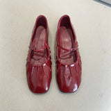 KYLETHOMASW  -  Pleated Mary Janes Flats Shoes Women Square Toe Pu Leather Comfortable Elegant Red Shoes Ladies Shallow Black Ballet Flats New
