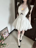 KYLETHOMASW  -  French First Love Dress Women Summer White Lace Short Dress Puff Sleeve Hollow-Out Floral Embroidery A-Line Flared Skirt Y2K